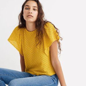 Madewell Texture & Thread Eyelet Flutter-Sleeve Top (Gold - Size XXS)